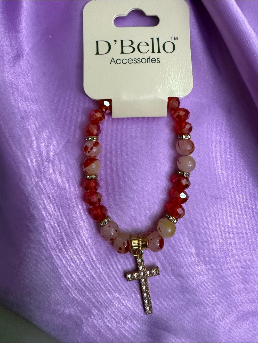 Red Beaded Bracelet with Gem Cross Charm